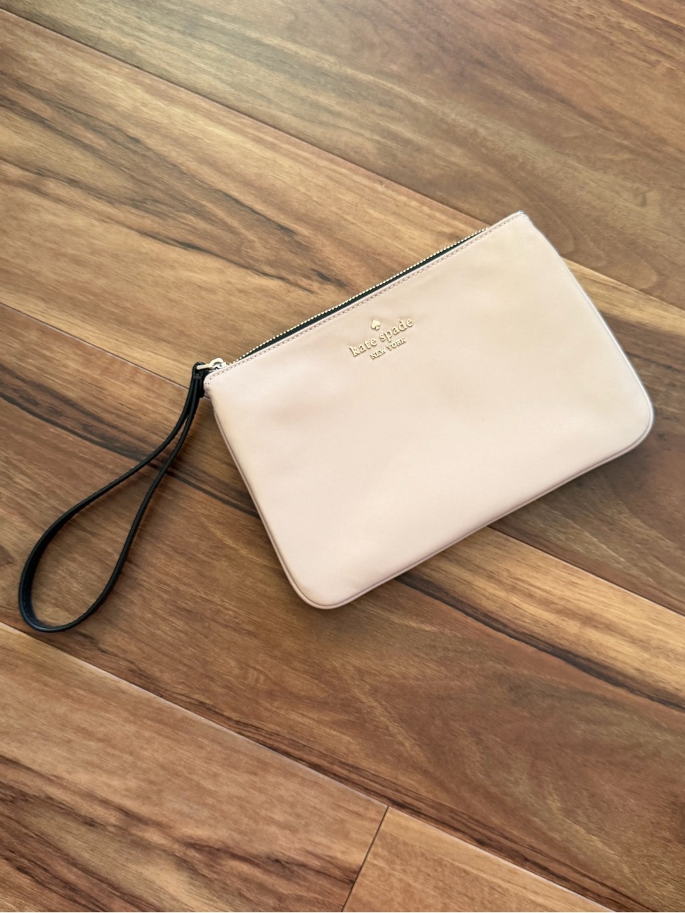 kate spade Blush Leather Wristlet with Black Strap